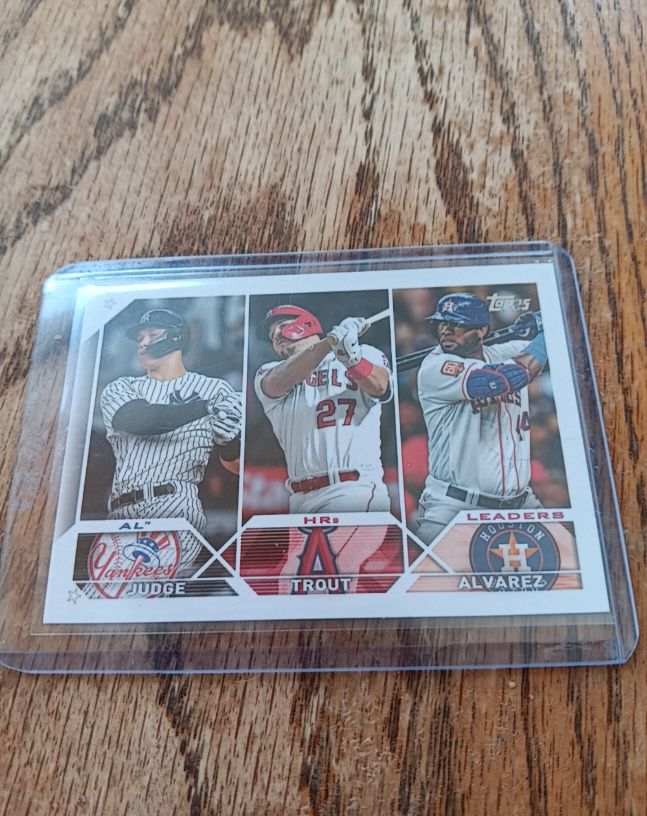 2023 Topps Series 1 #246 AL Home Run Leaders Aaron Judge, Mike Trout, Yordan Alvarez — front