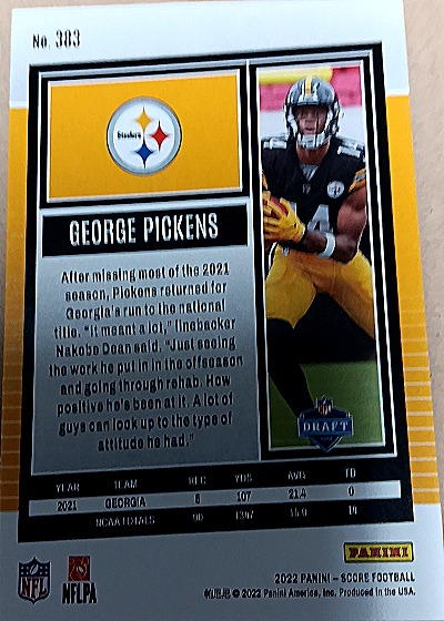 2022 Panini Score #383 George Pickens — back