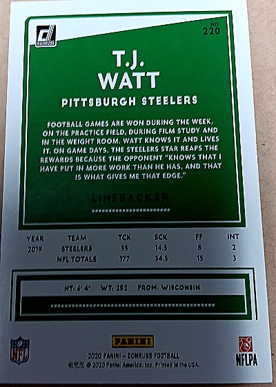 2020 Donruss #220 T.J. Watt — back