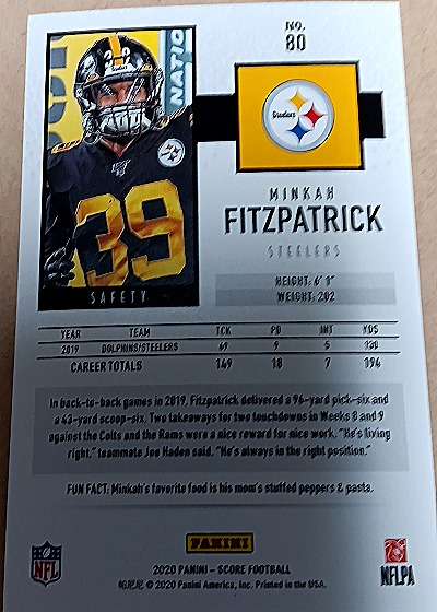 2020 Panini Score #80 Minkah Fitzpatrick — back