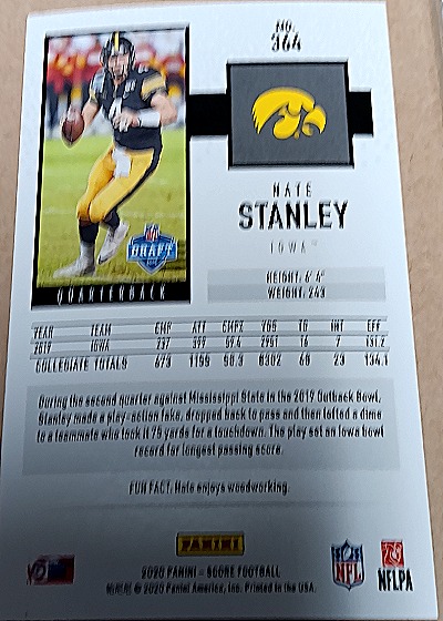 2020 Panini Score #364 Nate Stanley Rookie — back