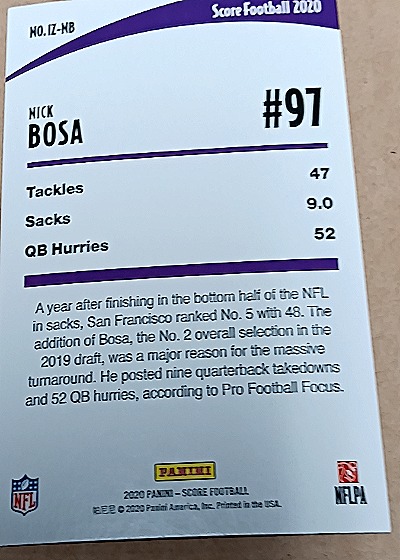 2020 Panini Score Football In The Zone #IZ-NB Nick Bosa — back