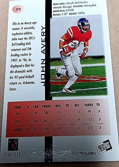 1998 Press Pass #25 John Avery — back