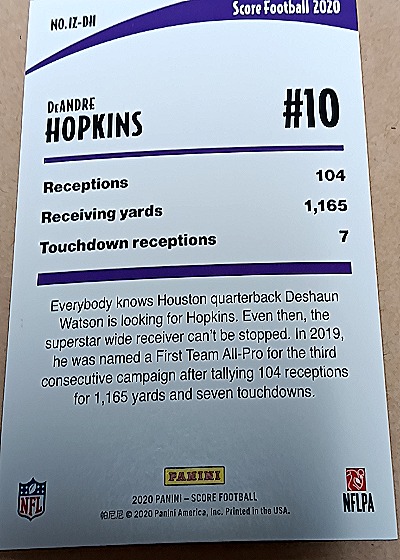 2020 Panini Score In The Zone #IZ-DH DeAndre Hopkins — back