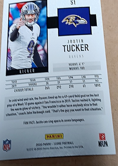 2020 Panini Score #51 Justin Tucker — back