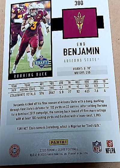 2020 Panini Score #380 Eno Benjamin Rookie — back