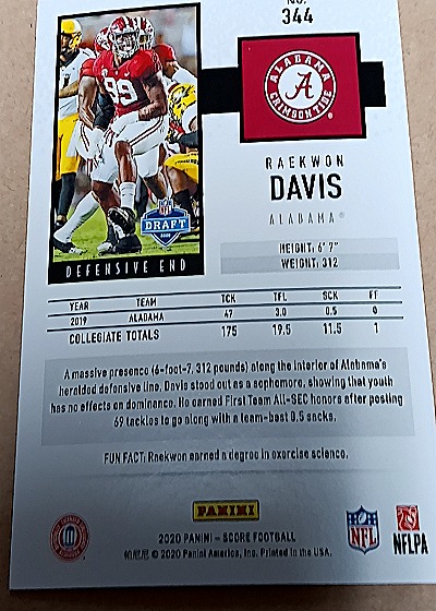 2020 Panini Score #344 Raekwon Davis — back