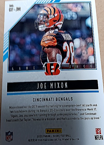 2020 Panini Score Game Face #GF-JM Joe Mixon — back