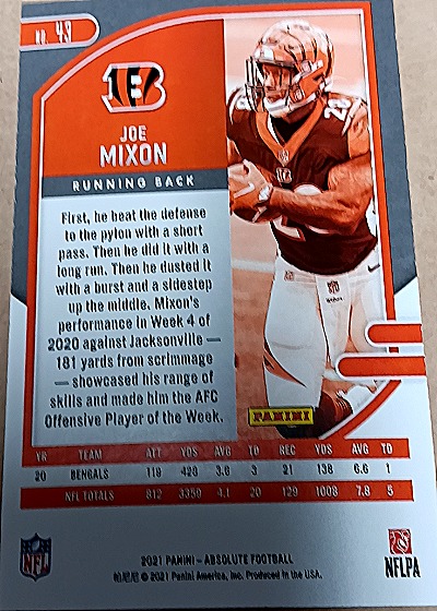 2021 Panini Absolute Football #43 Joe Mixon — back