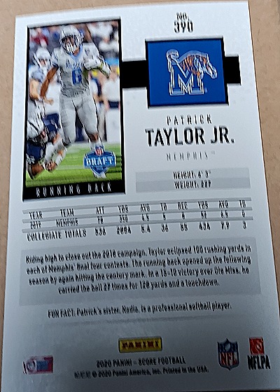 2020 Panini Score #390 Patrick Taylor Jr. — back