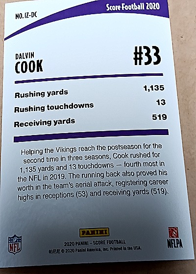 2020 Panini Score Football In The Zone #IZ-DC Dalvin Cook — back