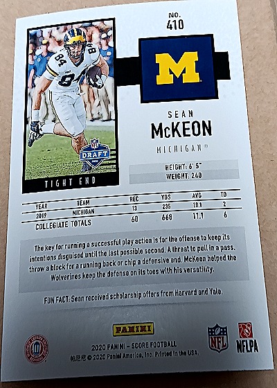 2020 Panini Score #410 Sean McKeon Rookie Card — back