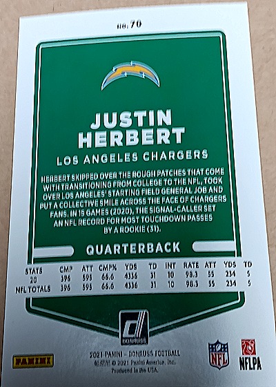 2021 Panini Donruss #70 Justin Herbert — back