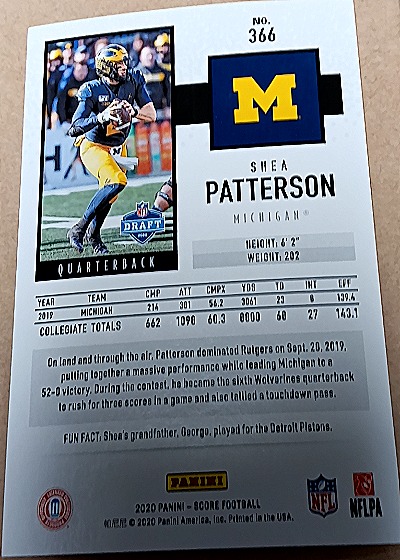 2020 Panini Score #366 Shea Patterson — back