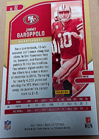 2021 Panini Absolute Football #82 Jimmy Garoppolo — back
