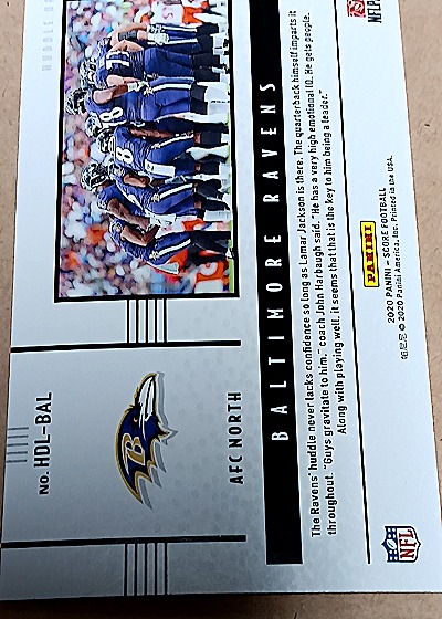 2020 Panini Score #HDL-BAL Baltimore Ravens Huddle Up — back
