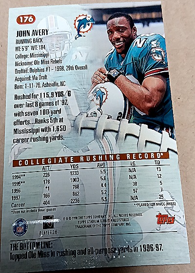 1998 Topps Stadium Club #176 John Avery — back