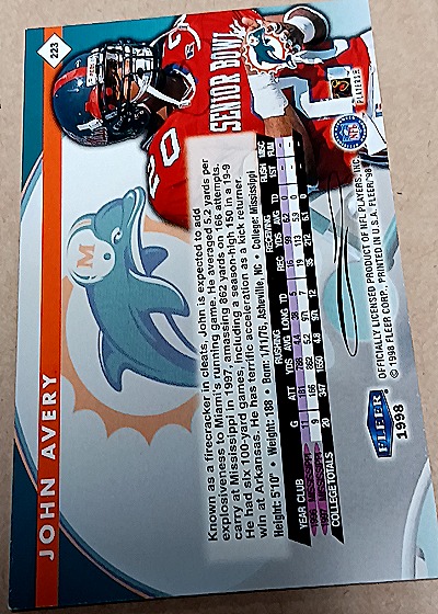 1998 Fleer Tradition #223 John Avery — back