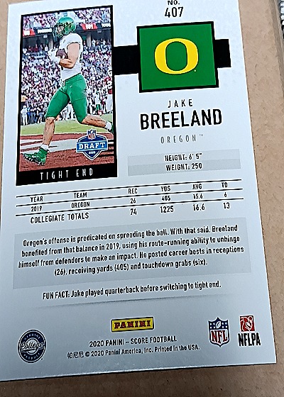 2020 Panini Score #407 Jake Breeland Rookie Card — back