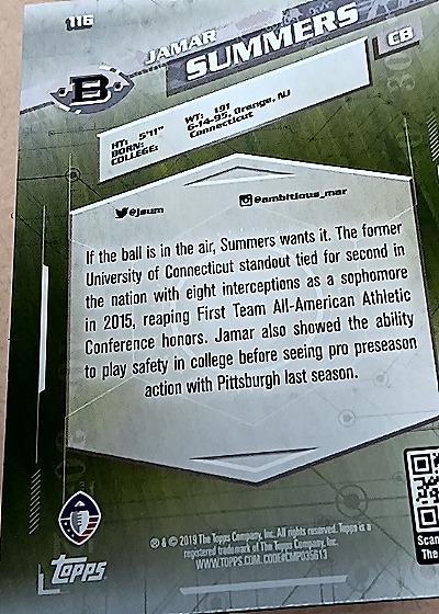 2019 Topps AAF #116 Jamar Summers — back
