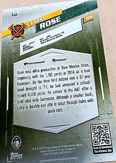 2019 Topps AAF #117 Larry Rose RC — back