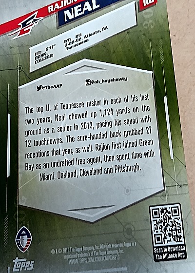 2019 Topps AAF #74 Rajion Neal — back