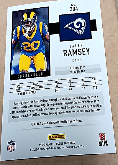2020 Panini Score #304 Jalen Ramsey — back