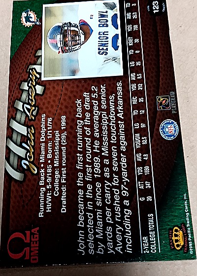 1998 Pacific Omega #220 Joey Galloway — back