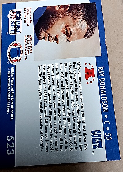 1990 Pro Set #523 Ray Donaldson Indianapolis Colts — back