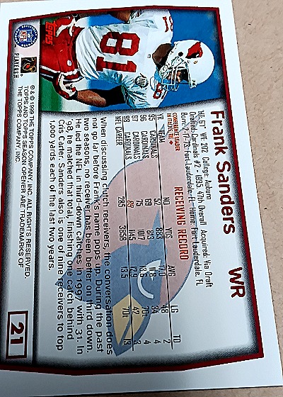1999 Topps Season Opener #21 Frank Sanders — back