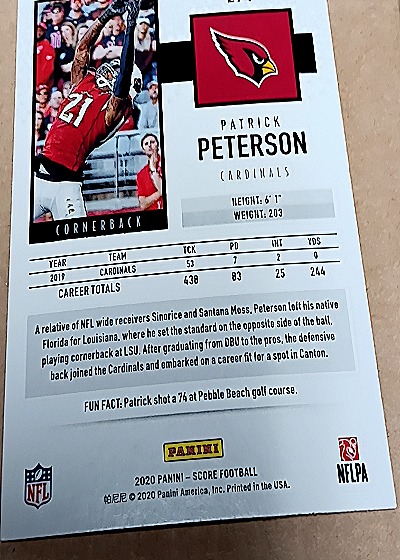 2020 Panini Score #294 Patrick Peterson — back