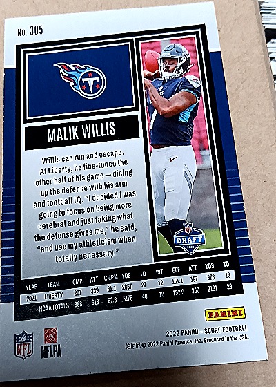 2022 Panini Score #305 Malik Willis — back