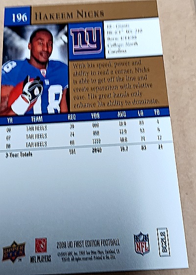 2009 Upper Deck First Edition #196 Hakeem Nicks — back