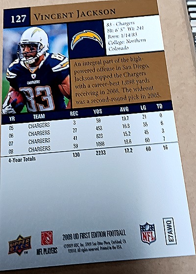 2009 Upper Deck First Edition #127 Vincent Jackson — back