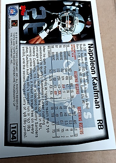 1999 Topps Season Opener #104 Napoleon Kaufman — back