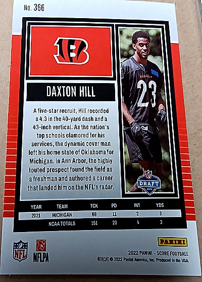 2022 Panini Score #366 Daxton Hill Rookie Cincinnati Bengals — back