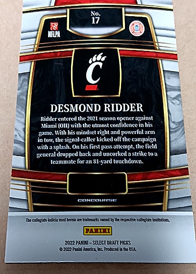 2022 Panini Select Draft Picks #17 Desmond Ridder Concourse Blue Rookie Card — back