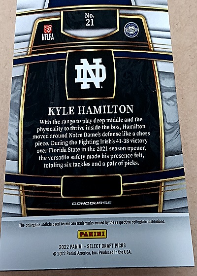 2022 Panini Select Draft Picks Concourse Blue #21 Kyle Hamilton — back