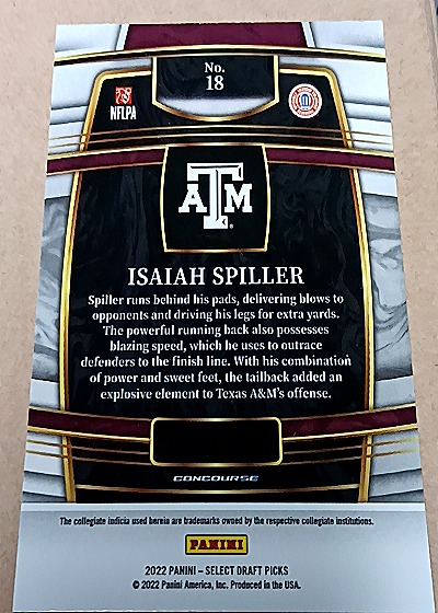 2022 Panini Select Draft Picks Concourse #18 Isaiah Spiller — back