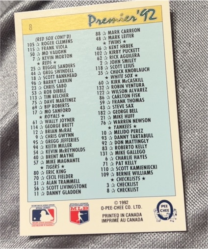 1992 O-Pee-Chee Premier #8 Checklist — front