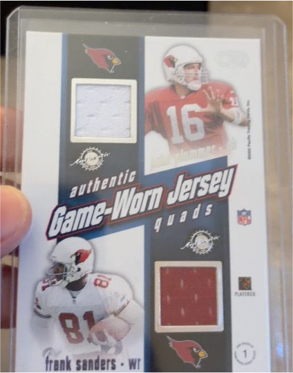 2002 Pacific Heads Up #1 Kurt Warner / Frank Sanders Game-Worn Jersey Quads — front