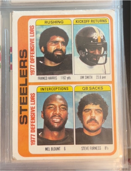 1978 Topps #522 Pittsburgh Steelers Team Leaders Franco Harris Jim Smith Mel Blount Steve Furness — front