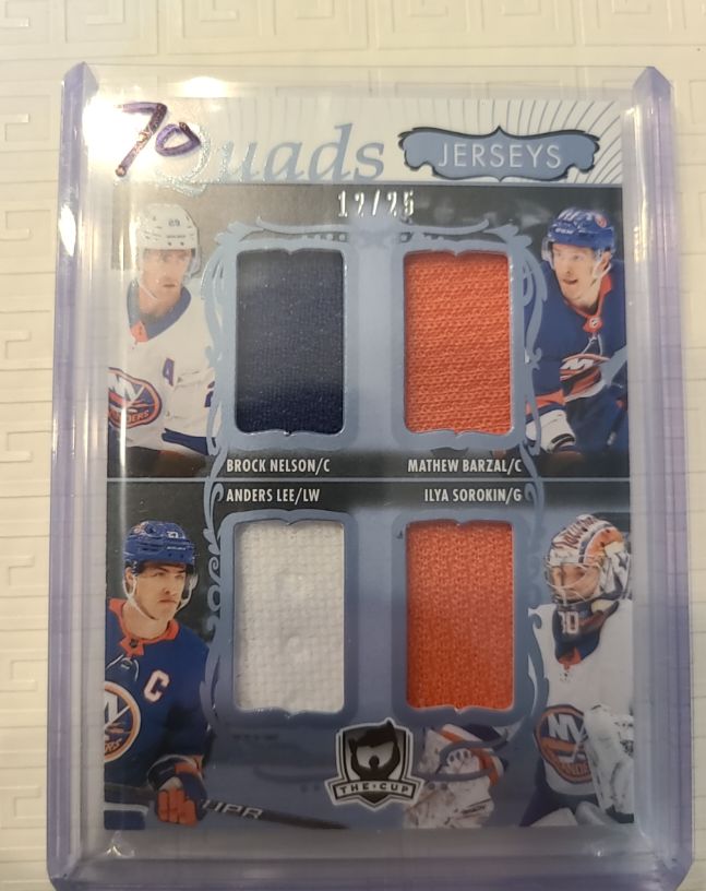 2023-24 Upper Deck The Cup Quads Jerseys Brock Nelson / Mathew Barzal / Anders Lee / Ilya Sorokin #17/25 — front