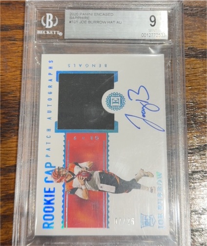 2020 Panini Encased #101 Joe Burrow Rookie Cap Patch Autographs Sapphire — front