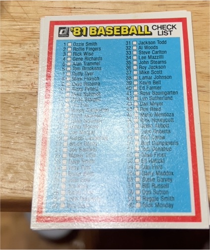 1981 Donruss Baseball Checklist — front
