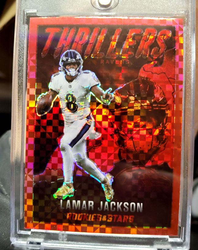 2022 Panini Rookies & Stars #TH-7 Lamar Jackson Thrillers Red Plaid Prizm — front