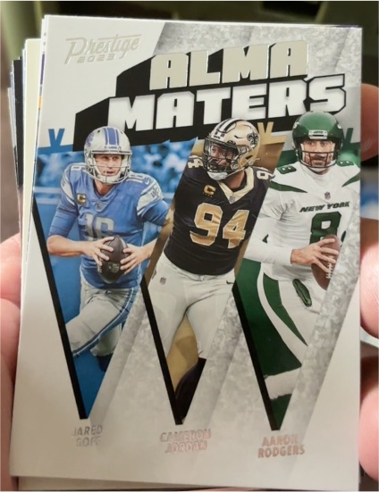 2023 Panini Prestige Alma Maters #AM-9 Jared Goff Aaron Rodgers Cameron Jordan — front