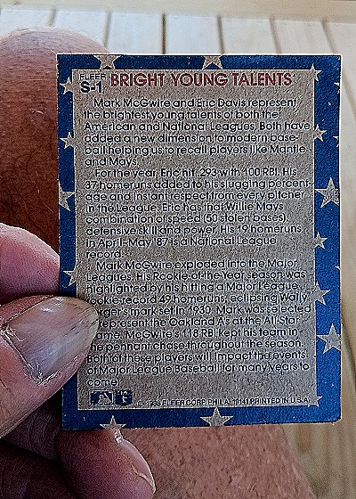 1988 Fleer Star Stickers #S-1 Mark McGwire Eric Davis — back