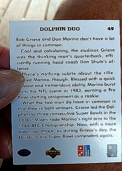 1991 Upper Deck Domino's Pizza Quarterback Challenge #49 Dolphin Duo Bob Griese Dan Marino — back