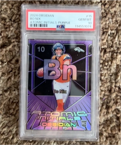 2024 Panini Obsidian #15 Bo Nix Atomic Initials Purple — front